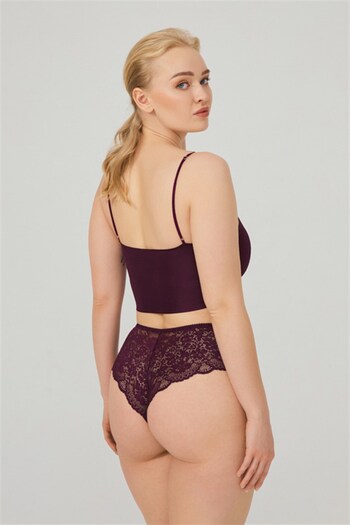 Cottonhill Plum Lace Tulle Detailed Plus Size Women's Brazilian Panties