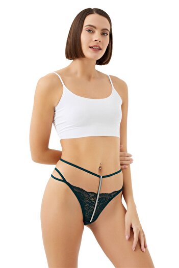 Cottonhill Oil Green Ruched Stone Detailed Adjustable Elastic Women's Thong Panties