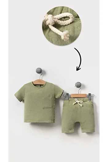 Bubito Unisex Baby&Child 100% Cotton Muslin Pocket Top and Bottom Shorts Set-Green