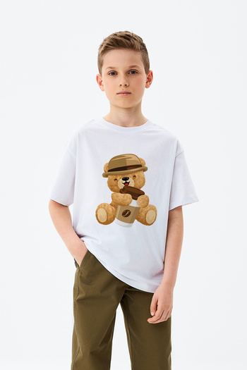 ADABEBEK Coffee Drinking Hat Teddy Bear Printed Boys' T-Shirt