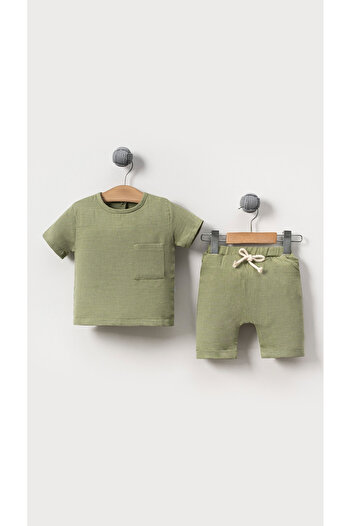 Bubito Unisex Baby&Child 100% Cotton Muslin Pocket Top and Bottom Shorts Set-Green