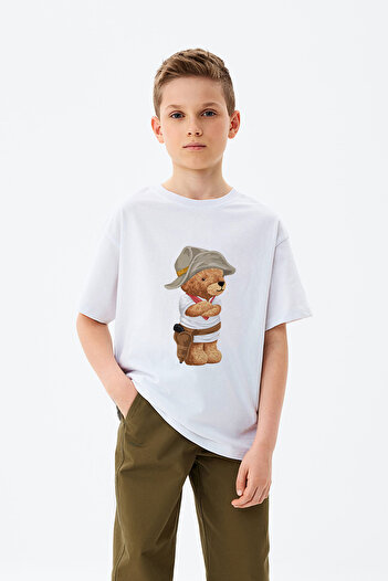 ADABEBEK Cowboy Teddy Bear Printed Boys' T-Shirt with Hat
