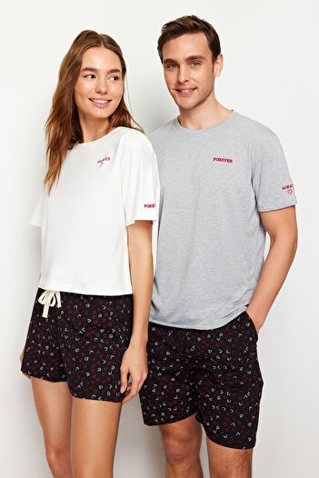 Trendyol Collection Сіро-чорний трикотажний чоловічий піжамний комплект регулярного крою пара/подвійний трикотажний короткий