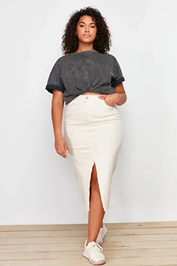 Trendyol Curve Ecru Front Slit Detailed Midi Denim Skirt TBBSS24AZ00033