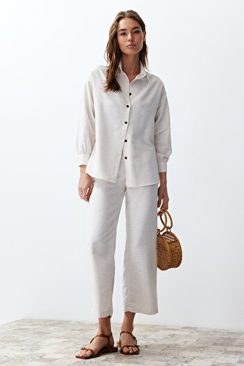 Trendyol Collection Linen Woven Shirt and Trousers Set - Ecru Twoss24Au00065