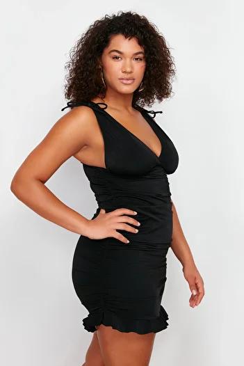 Trendyol Curve Black Deep V Neck Gathered Dress Form Plus Size Swimsuit Tbbss24Am00010