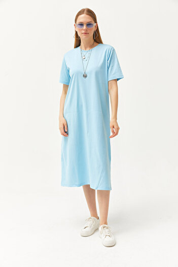Olalook Γυναικείο Baby Blue Oversize Βαμβακερό φόρεμα με σκίσιμο στο πλάι ELB-19001880