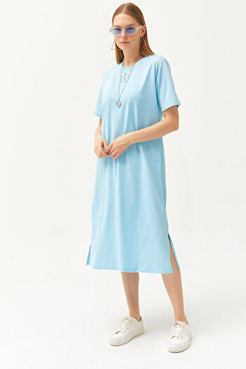 Olalook Γυναικείο Baby Blue Oversize Βαμβακερό φόρεμα με σκίσιμο στο πλάι ELB-19001880