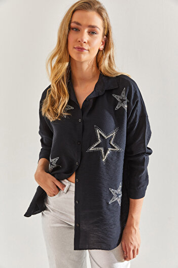 Bianco Lucci Women's Star Stone Embroidered Linen Ayrobin Shirt60171040