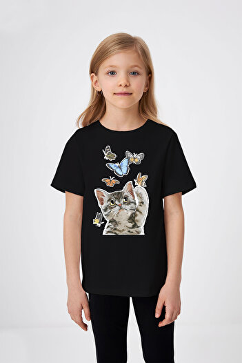 ADABEBEK Girl's T-Shirt with Kitten Playing with Butterflies Printed