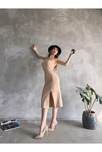 Fav Style Γυναικείο Μίντι Φόρεμα με Σχοινί με σχισμή Μπεζ