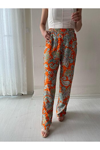 Fendimod Women's Patterned Wide Leg High Waist Trousers