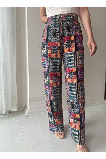 Fendimod Women's Patterned Wide Leg High Waist Trousers