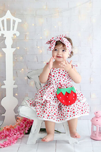 KATIA Baby Girl strawberry Printed Dress Dress and Hair band and strawberry bag 3-Piece Set