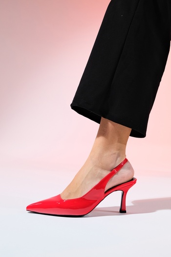 LuviShoes FLEM Red Patent Leather Women's Pointed Toe Open Back Thin Heeled Shoes