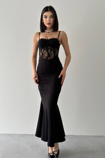lovebox Dámské večerní šaty s průhledným krajkovým designem Atlas Fabric Midi Black 229