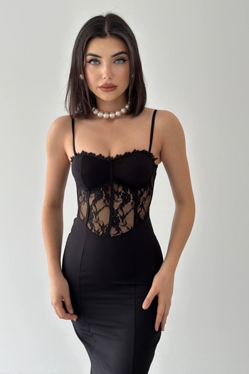 lovebox Dámské večerní šaty s průhledným krajkovým designem Atlas Fabric Midi Black 229
