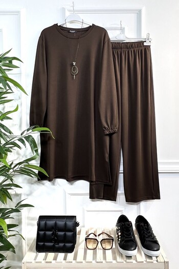 Aşkı Endam Plus Size Laurel Corded Full Stretchy Διπλό Σετ - Κολιέ - Καφέ