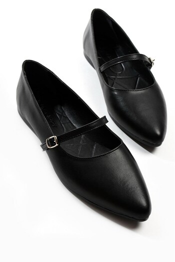 İmerShoes Daily Women's Black Ballerinas Pointed Toe Low Heeled Buckle Simple Stylish Comfortable Shoes S-417