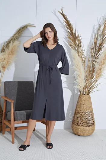 Sevim Women's Capri Sleeve V-Neck Slit Anthracite Dress C6T0N951