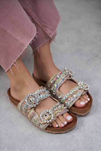 NİŞANTAŞI SHOES Carissa Colorful Straw Stone Buckle Detailed Flat Sole Women's Slippers