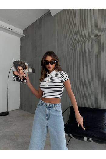 İLKCET MODA Μπλουζάκι Polo Neck ριγέ Crop