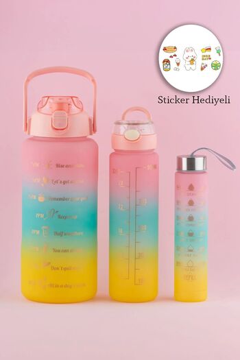 Rosemor Set of 3 Motivational Unscented Stickered Sports Water Bottle Flask with Straw Portable Water Bottle Black