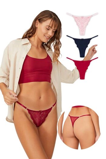 Cottonhill Lace Front Tulle Detailed Women's Thong 3 Pack Panties