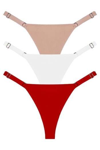 Cottonhill Ring Detailed Adjustable Elastic Women's Thong Panties 3-Pack