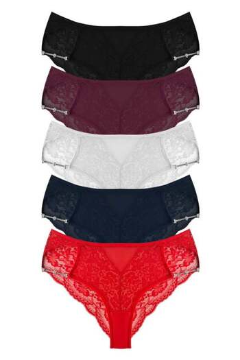 Cottonhill See-through Tulle Lace and Chain Detailed Plus Size Women's Bikini Briefs 5-Pack