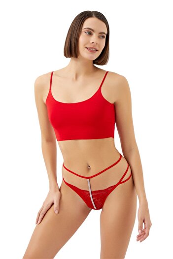 Cottonhill Red Ruched Stone Detailed Adjustable Elastic Women's Thong Panties