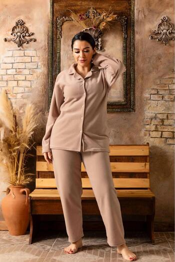 CALİA Women's Oversize Large Size Buttoned Front Long Sleeve Fleece Pajama Set
