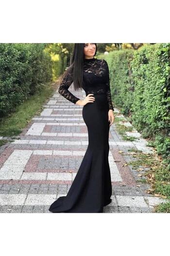 Styling Park Women's Black Lace Detailed Fishnet Evening Dress