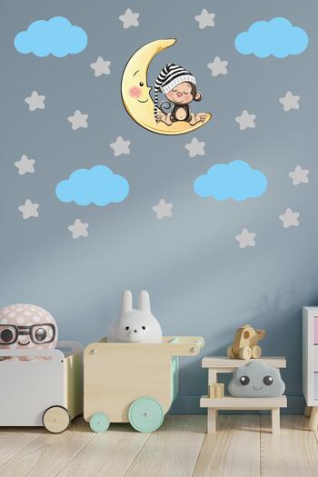Tilki Dünyası Sleeping Monkey, Gray Stars and Blue Clouds Decorative Baby Kids Room Wall Sticker