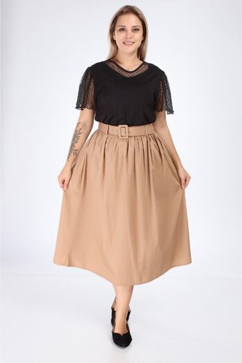 MJORA Women's Cream High Waist Belted Woven Skirt