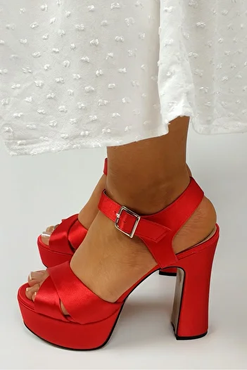 CL CALZATURE Women's Red Thick Heel Platform Open Strap Satin Shoes