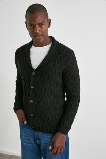 Trendyol Collection Černý pánský šálový límec Hair Cop Cardigan TMNAW21HI0320