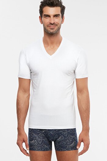 Kom Чоловічий білий трикотажний модальний короткий рукав V-подібний виріз T-shirt 2 Li