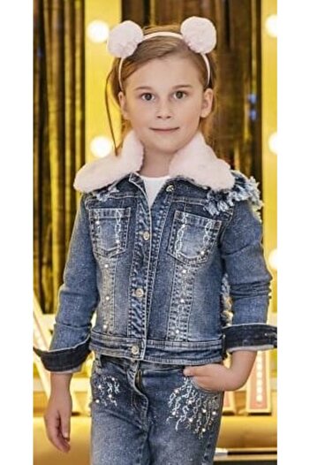 Pamina Kız Çocuk Mavi Kürk Yaka Çıkan Simli Kot Ceket