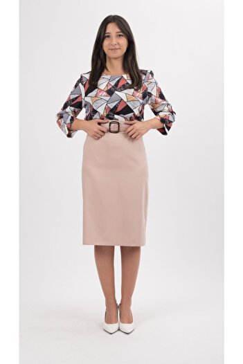 SORALLİNE Women's Pencil Skirt 70 Cm Length Lined, Office Skirt, 747 Powder