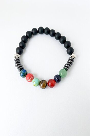 axexuar 7 Chakra Natural Stone Chakra Balance Bracelet Onyx, Turquoise, Aventurine, Tiger Eye, Agate, Azurite, Quartz,