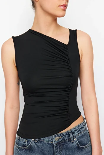 Edit by Trendyol Black Gather Detailed Asymmetrical Knitted Blouse TEDSS24BZ00013