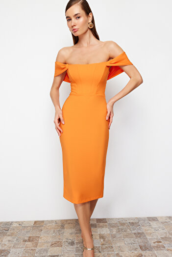 Trendyol Collection Stylish Orange Woven Evening Dress with Corset Detail - TPRSS22EL00097