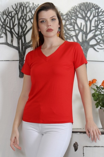 Chiccy Red V-Neck Short Sleeve Knitted Casual Blouse