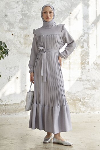 InStyle Φόρεμα από λινό πλισέ ώμου Ruffle - Γκρι