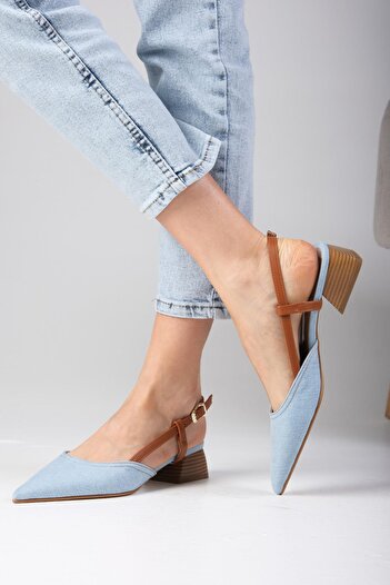 Mio Gusto Carly Mavi Renk Denim Kumaş Arkası Açık Kadın Kısa Topuklu Kot Ayakkabı