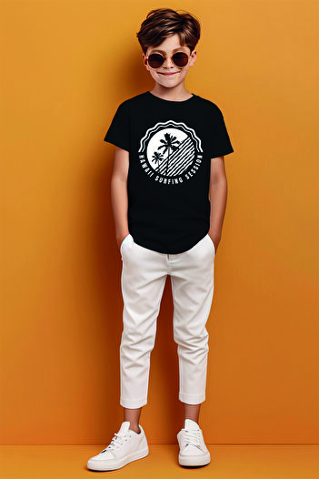 ADABEBEK Hawaii Surfing Session Palm Printed Boys' T-Shirt