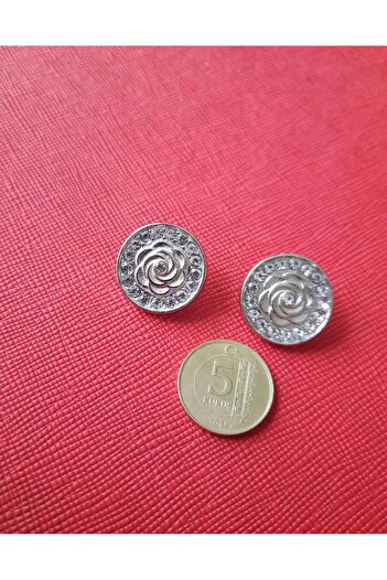 İMREN AKSESUAR Gray Coated Rose Crystal Stone Metal Button - 1.5 Cm, 4 Pieces