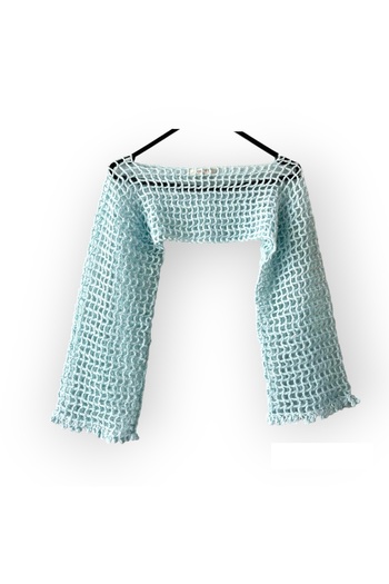 Bohostic Bebek Mavisi File El Örgüsü Ispanyol Kollu Crop Bolero %100 El I?şçiliği