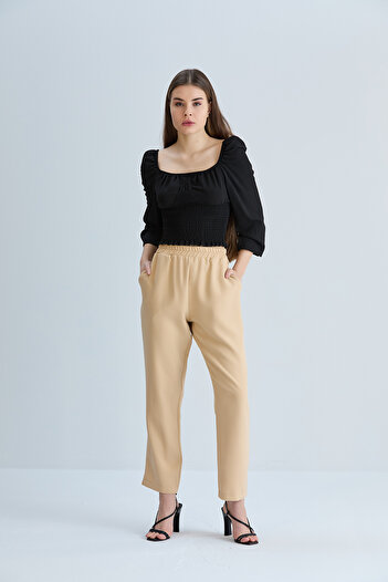Space Fashion Women's Cream Pocket Elastic Waist Fabric Trousers